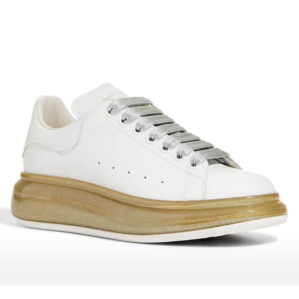 Alexander McQueen White Leather Sneakers with Gold Platform and Silver Laces